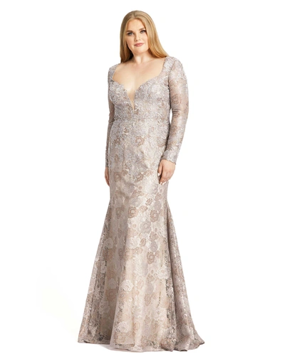 Shop Mac Duggal Plunge Neck Embellished Lace Gown (plus) In Mocha
