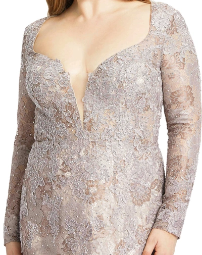 Shop Mac Duggal Plunge Neck Embellished Lace Gown (plus) In Mocha