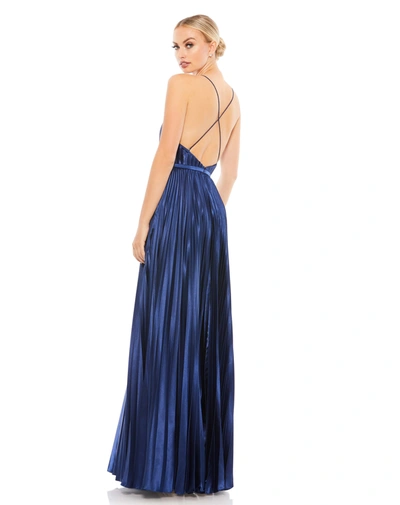 Shop Ieena For Mac Duggal Plunge Neck Pleated Evening Gown In Midnight