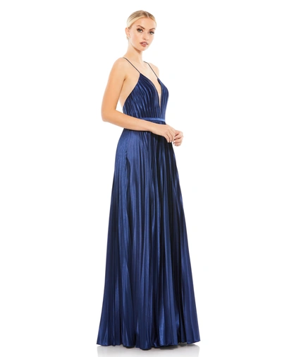 Shop Ieena For Mac Duggal Plunge Neck Pleated Evening Gown In Midnight