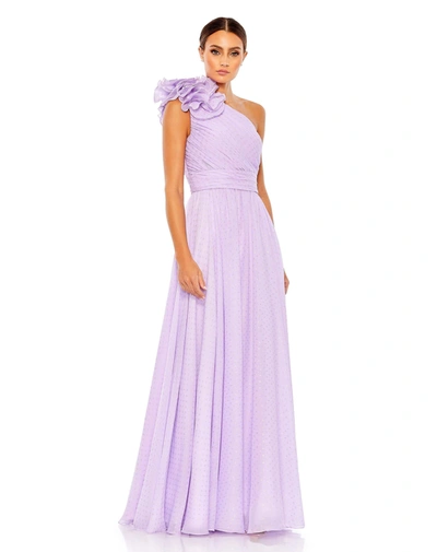 Shop Mac Duggal Polka Dot Ruffled One Shoulder Gown In Lilac