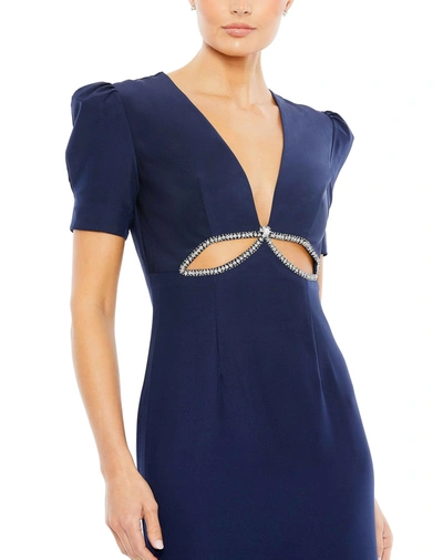 Shop Ieena For Mac Duggal Plunge Neck Puff Sleeve Cut Out Gown - Final Sale In Navy