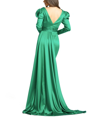 Shop Mac Duggal Faux Wrap Long Sleeve A Line Gown In Emerald