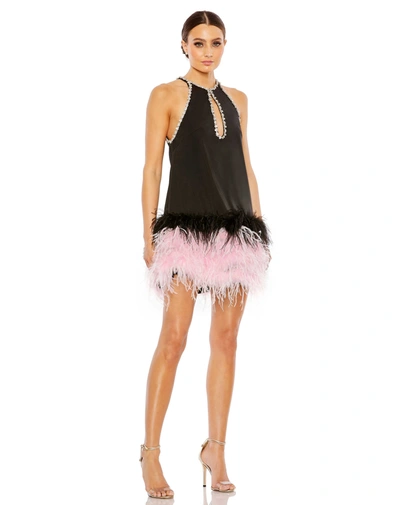Shop Mac Duggal Rhinestone Trim Halter Neck Feather A-line Dress - Final Sale In Black
