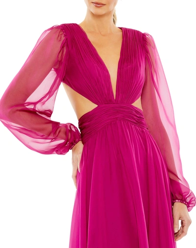 Mac Duggal Ruched Cut Out Puff Sleeve A Line Gown In Berry