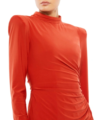 Mac Duggal Ruched Padded Shoulder Asymmetric Hem Long Sleeve Minidress In Brick