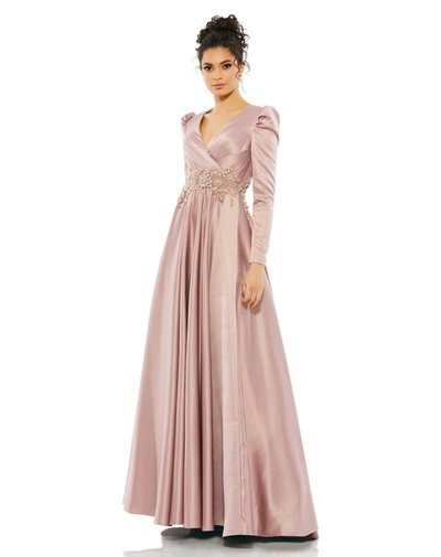 Mac Duggal Ruched Satin Puff Sleeve Gown In Rose Pink