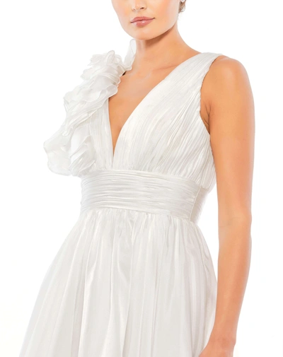 Shop Mac Duggal Ruffle Shoulder Empire Waist Deep V-neck Dress In White