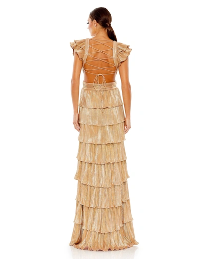 Shop Ieena For Mac Duggal Ruffle Tiered Criss Cross Lace Up Gown In Gold