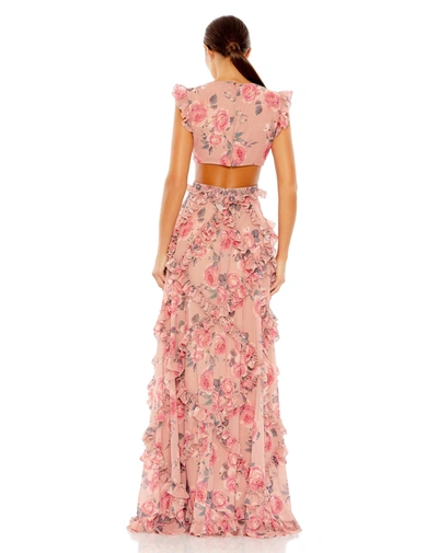 Shop Mac Duggal Ruffled Cut Out Cap Sleeve V Neck Gown In Rose Multi