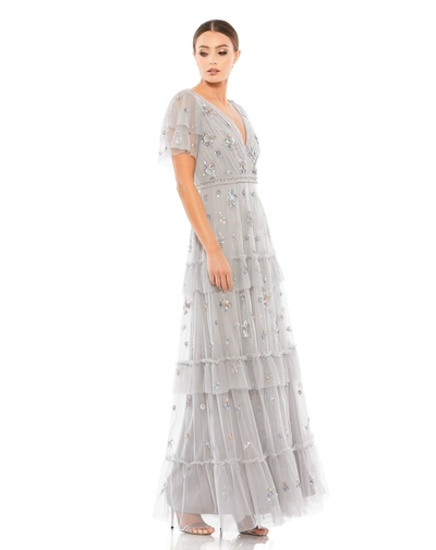 Mac Duggal Sequin-embellished V-neck Ruffle-tiered Gown In Platinum