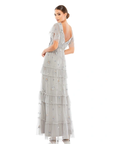 Mac Duggal Sequin-embellished V-neck Ruffle-tiered Gown In Platinum