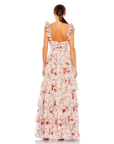 Mac Duggal Ruffled Sleeveless Draped Tiered Floral Print Gown In Pink Multi