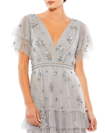 Mac Duggal Sequin-embellished V-neck Ruffle-tiered Gown In Platinum