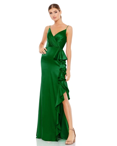 Shop Ieena For Mac Duggal Satin Ruffled Asymmetrical Gown In Forest Green