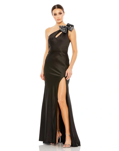 Shop Ieena For Mac Duggal Sequined Bow Detail One Shoulder Trumpet Gown In Black