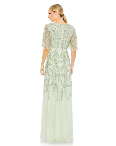 Shop Mac Duggal Sequined Butterfly Sleeve High Low Gown In Sage