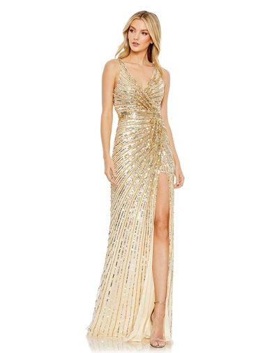 Shop Mac Duggal Sequined Faux Wrap Sleeveless Gown In Gold