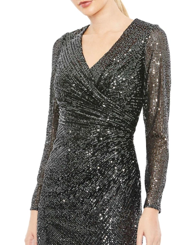 Mac Duggal Sequined Faux Wrap V Neck Long Sleeve Midi Dress In Gunmetal