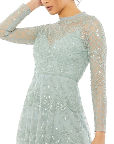 Shop Mac Duggal Sequined Illusion High Neck Long Sleeve Midi Dress In Seafoam