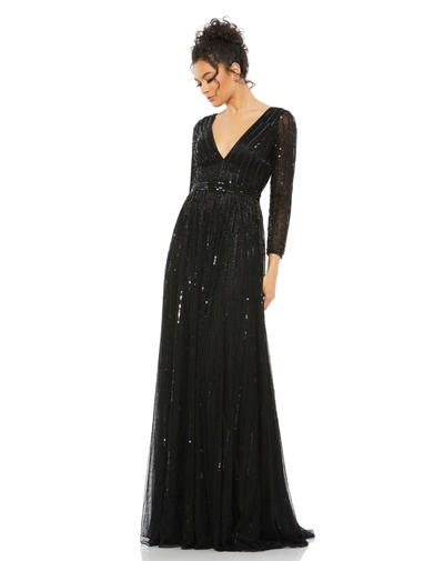 Shop Mac Duggal Sequined V Neck Illusion Sleeve A Line Gown In Black
