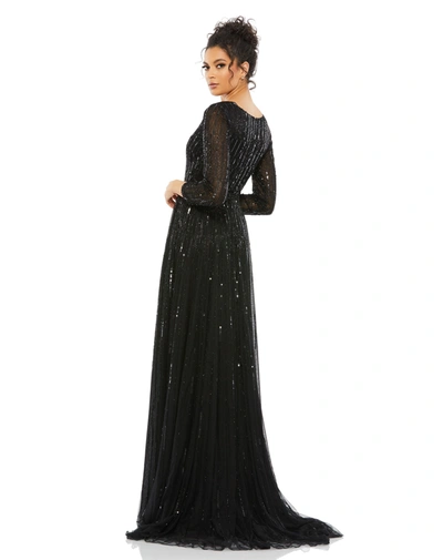 Shop Mac Duggal Sequined V Neck Illusion Sleeve A Line Gown In Black