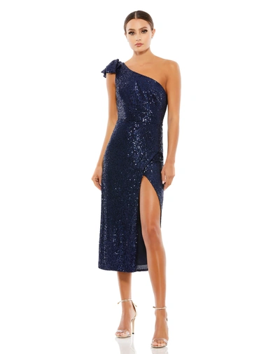 Shop Ieena For Mac Duggal Sequined One Shoulder Bow Midi Dress - Final Sale In Midnight