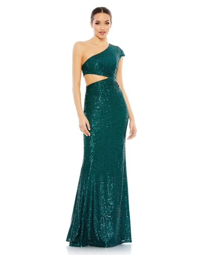 Shop Ieena For Mac Duggal Sequined One Shoulder Cap Sleeve Cut Out Gown In Teal