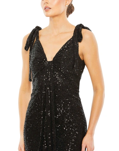 Shop Ieena For Mac Duggal Sequined Low Back Bow Shoulder Gown - Final Sale In Black