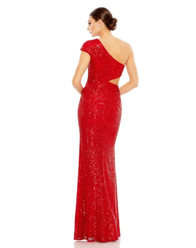 Shop Ieena For Mac Duggal Sequined One Shoulder Cap Sleeve Cut Out Gown - Final Sale In Red