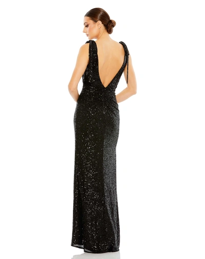 Shop Ieena For Mac Duggal Sequined Low Back Bow Shoulder Gown - Final Sale In Black