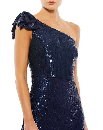 Shop Ieena For Mac Duggal Sequined One Shoulder Bow Midi Dress - Final Sale In Midnight