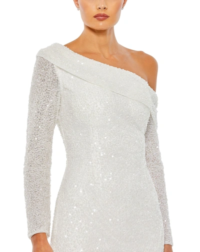 Shop Mac Duggal Sequined One Shoulder Evening Gown In White