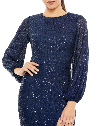 Mac Duggal Sequined Puff Sleeve High Neck Dress In Midnight