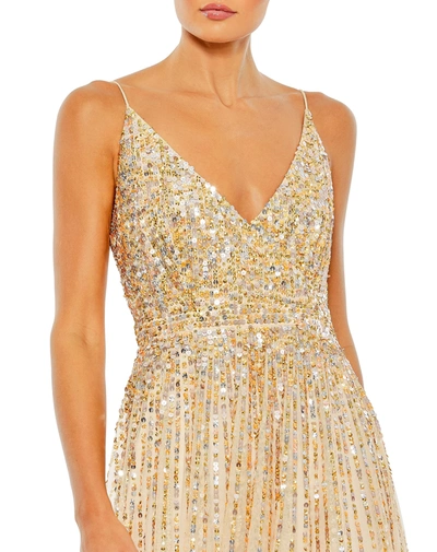 Shop Mac Duggal Sequined Sleeveless Wrap Over A Line Gown - Final Sale In Nude