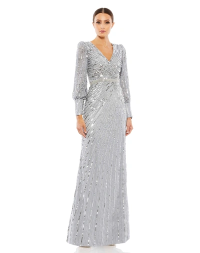 Mac Duggal Leg Of Mutton Sleeve Sheath Gown In Silver