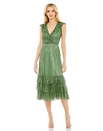 Shop Mac Duggal Sequined Wrap Over Cap Sleeve Ruffle Hem Dress - Final Sale In Sage