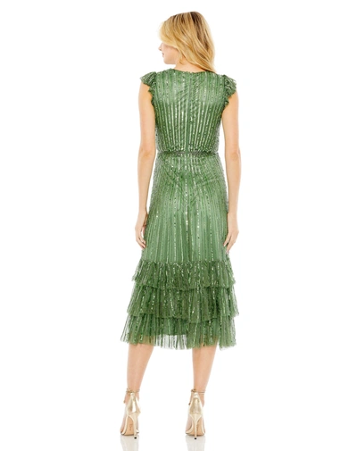 Mac Duggal Sequined Wrap Over Cap Sleeve Ruffle Hem Dress In Sage