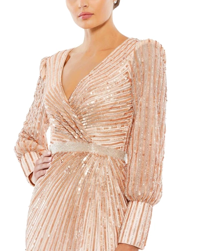 Shop Mac Duggal Sequined Wrap Over Bishop Sleeve Gown In Copper