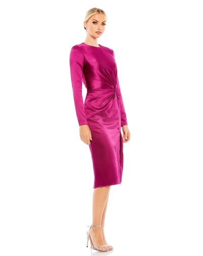 Ieena For Mac Duggal Side Twist Long Sleeve Satin Sheath Dress In Magenta