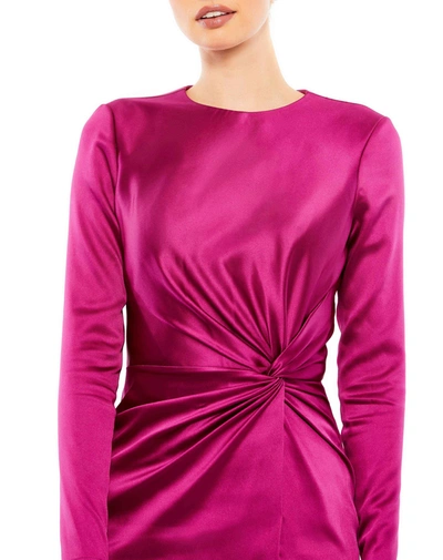 Ieena For Mac Duggal Side Twist Long Sleeve Satin Sheath Dress In Magenta