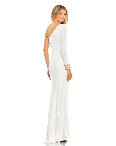 Shop Mac Duggal One Sleeve Beaded Cuff Side Twist Gown In White