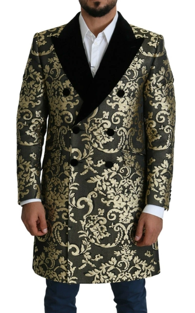 Shop Dolce & Gabbana Black Gold Jacquard Long Coat Sicilia Men's Jacket In Gold Black