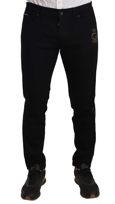 Shop Dolce & Gabbana Black Skinny Fit Denim Side Band Jeans Men's Pant