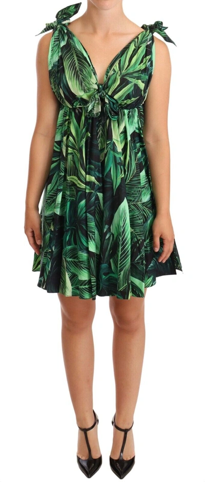 Shop Dolce & Gabbana Green Leaves Print Cotton Flared Mini Women's Dress