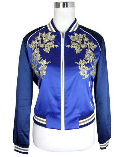 Shop Maje Women's Bomber Blue Floral Embroidered Polyester Elastane Jacket (38 Eu)