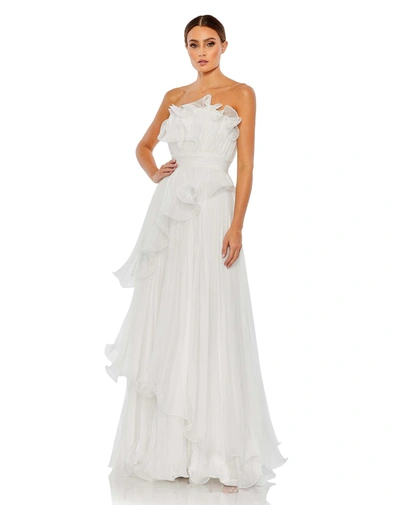 Shop Mac Duggal Pleated Tiered Ruffled Strapless Gown In White