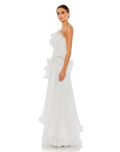 Shop Mac Duggal Pleated Tiered Ruffled Strapless Gown In White