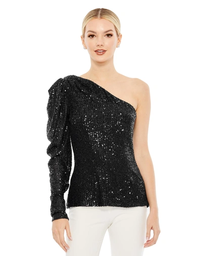 Shop Mac Duggal One Shoulder Puff Sleeve Sequin Top In Black