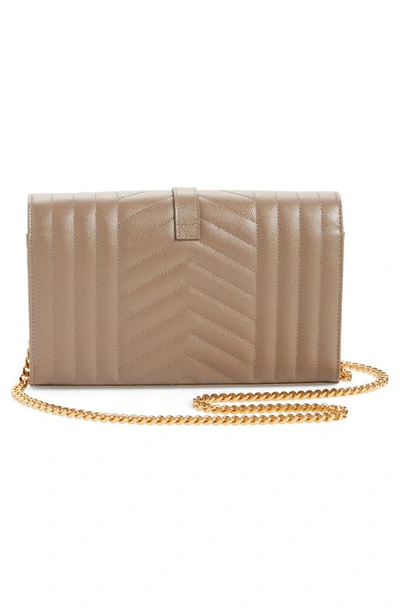 Shop Saint Laurent Envelope Quilted Pebbled Leather Wallet On A Chain In Grey Brown